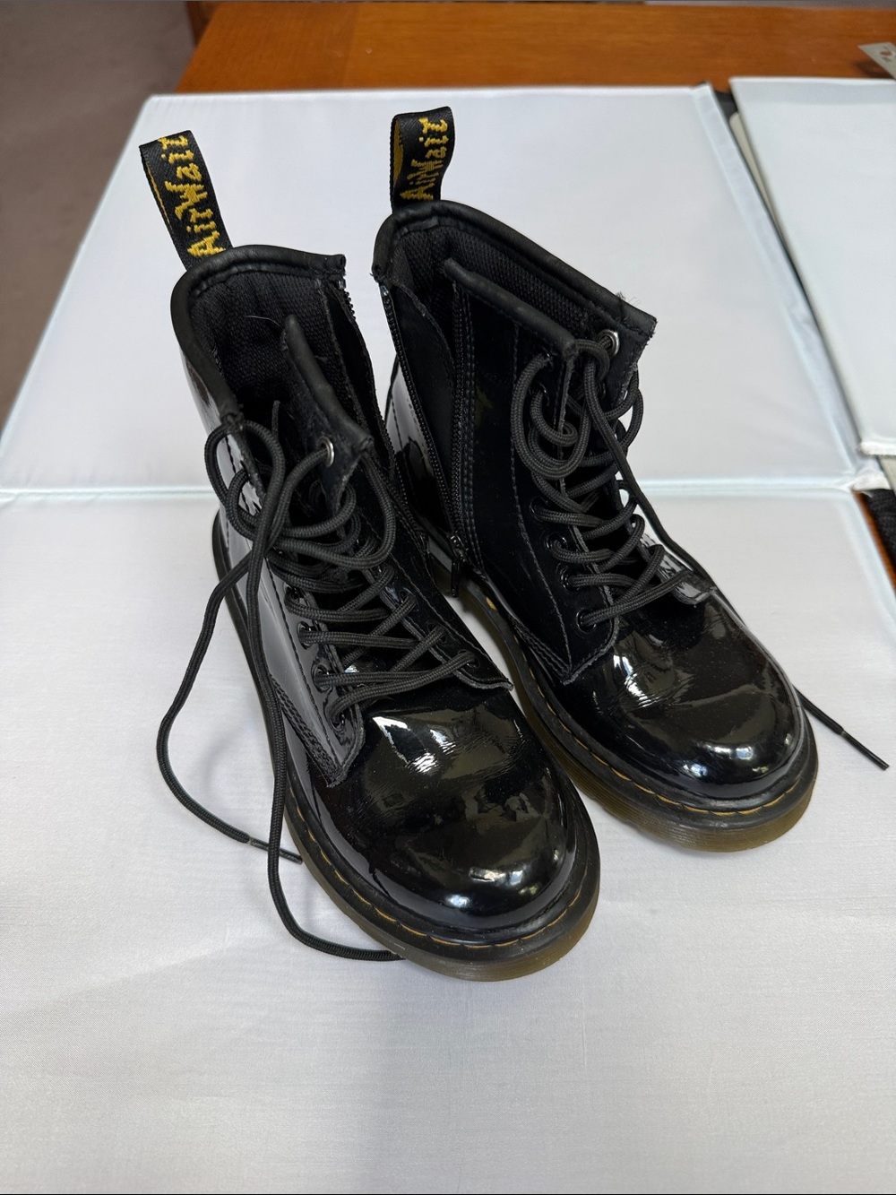 Dr. Martens Black Patent Lace-Up Combat Boots with Side Zip